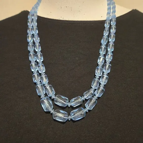 Vintage 1950s Austrian Ice Blue Crystal Double Strand Necklace Rhinestone Clasp - Picture 7 of 7